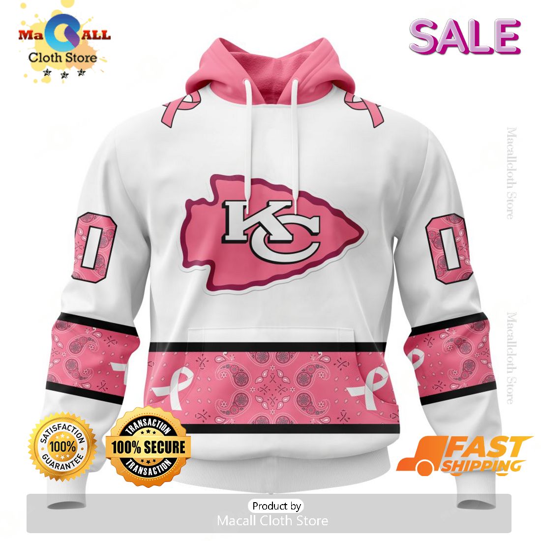 Personalized NFL Kansas City Chiefs Special White Design Fight Breast Cancer Zip Hoodie, Sweatshirt 3D