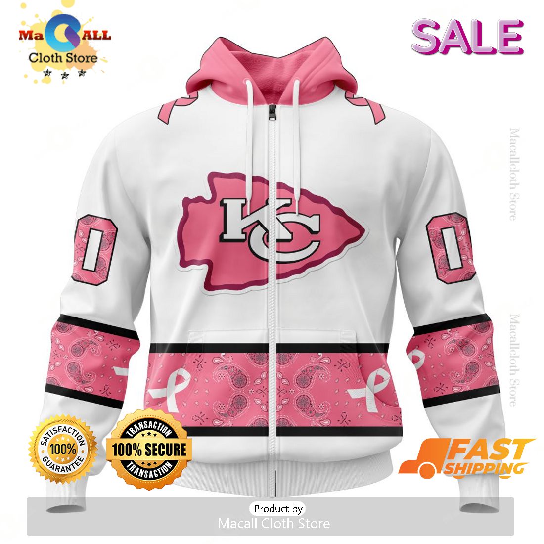 Personalized NFL Kansas City Chiefs Special White Design Fight Breast Cancer Zip Hoodie, Sweatshirt 3D