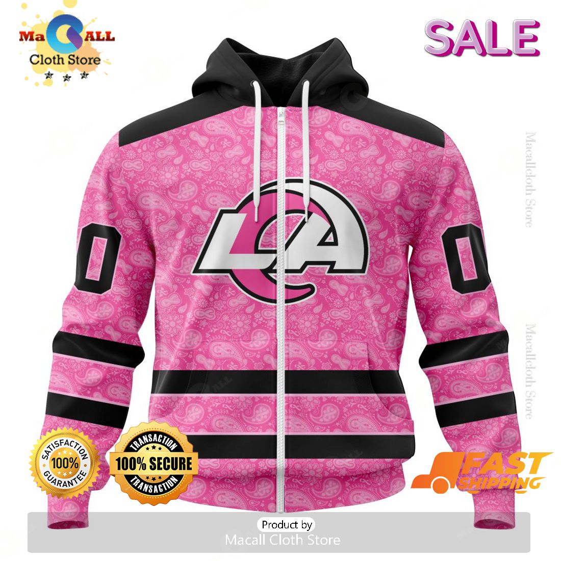 Personalized NFL Los Angeles Rams Special Pink Design Fight Breast Cancer Zip Hoodie, Sweatshirt 3D
