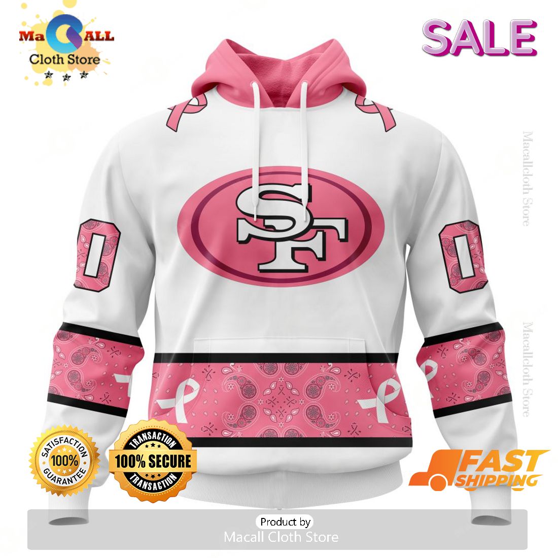 Personalized NFL San Francisco 49ers Special White Design Fight Breast Cancer Zip Hoodie, Sweatshirt 3D