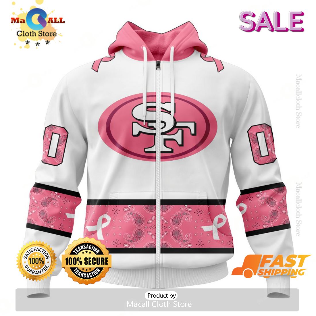 Personalized NFL San Francisco 49ers Special White Design Fight Breast Cancer Zip Hoodie, Sweatshirt 3D