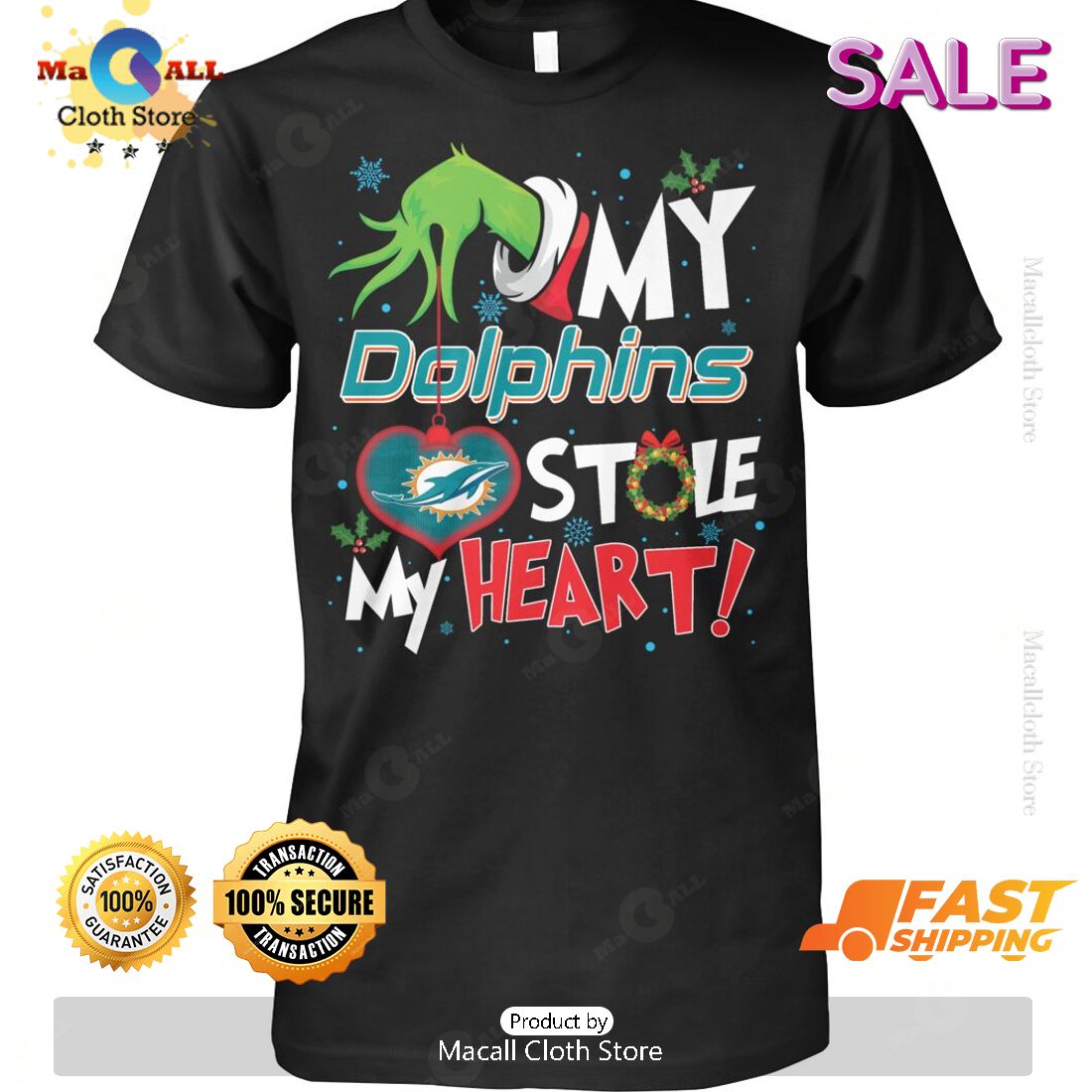 HOT Grinch My Miami Dolphins Stole My Heart Football T-Shirt HOT Grinch My Miami Dolphins Stole My Heart Football T-Shirt