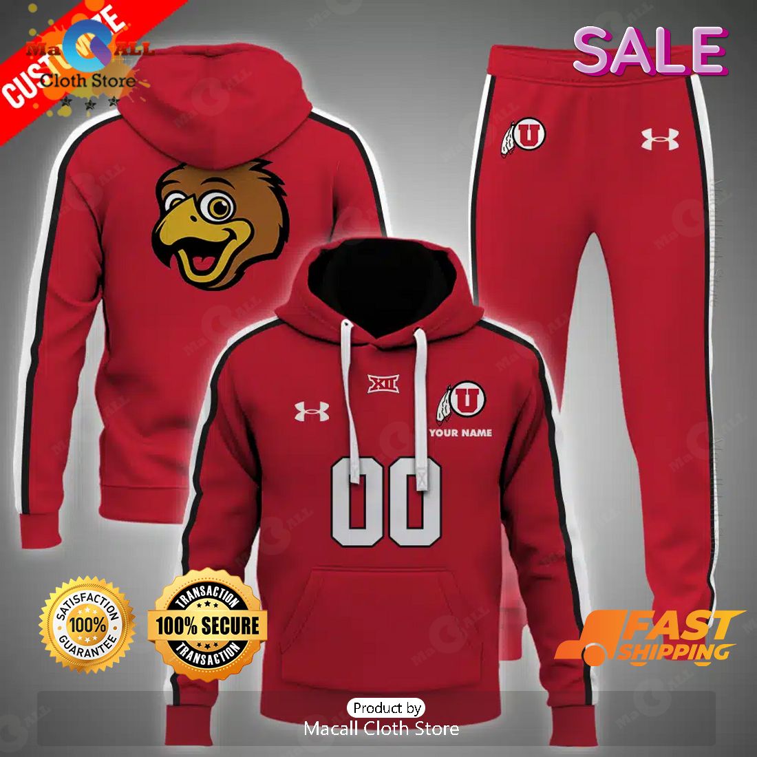 NCAA Utah Utes Personalize Football Red Version Hoodie 3D