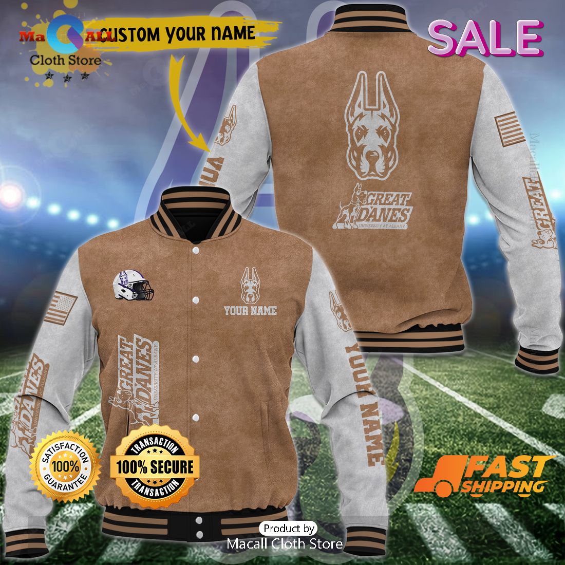 Albany Great Danes Custom Name Special Brown Baseball Jacket