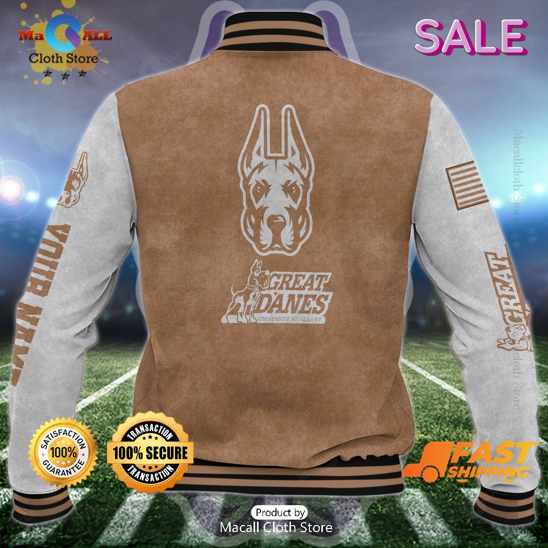 Albany Great Danes Custom Name Special Brown Baseball Jacket Albany Great Danes Custom Name Special Brown Baseball Jacket