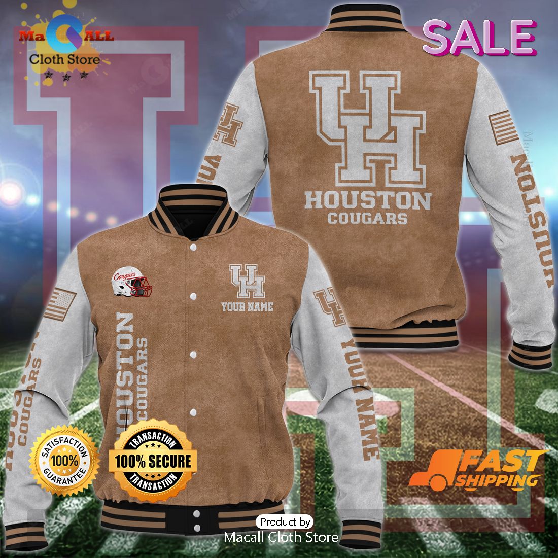 Houston Cougars Custom Name Special Brown Baseball Jacket Houston Cougars Custom Name Special Brown Baseball Jacket