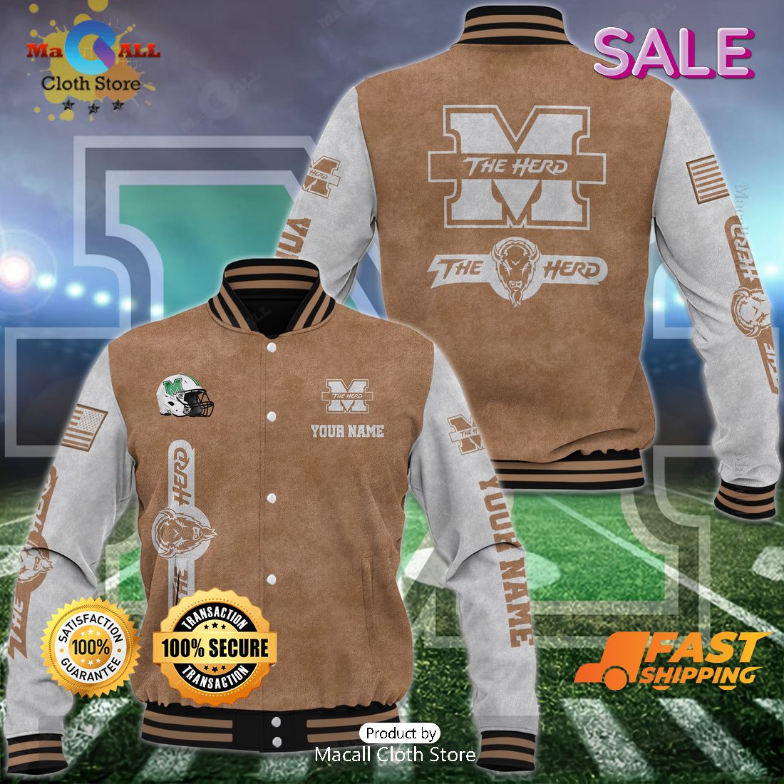 Marshall Thundering Herd Custom Name Special Brown Baseball Jacket Marshall Thundering Herd Custom Name Special Brown Baseball Jacket