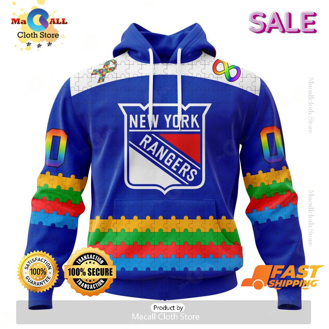 HOT Personalized NHL New York Rangers Special Autism Awareness Design Hoodie 3D HOT Personalized NHL New York Rangers Special Autism Awareness Design Hoodie 3D