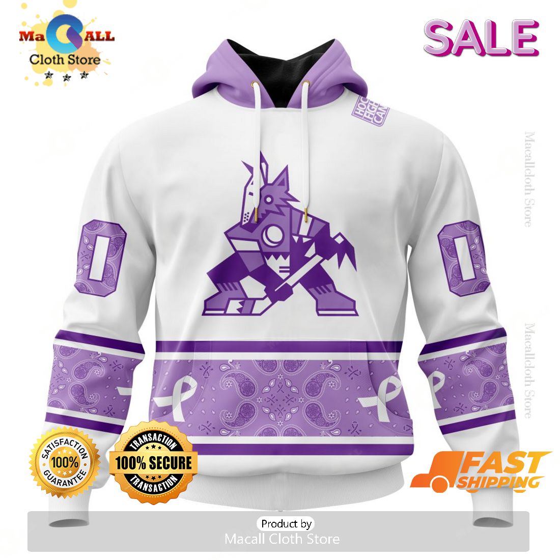 SALE Personalized NHL Arizona Coyotes Special Lavender Hockey Fight Cancer Hoodie 3D