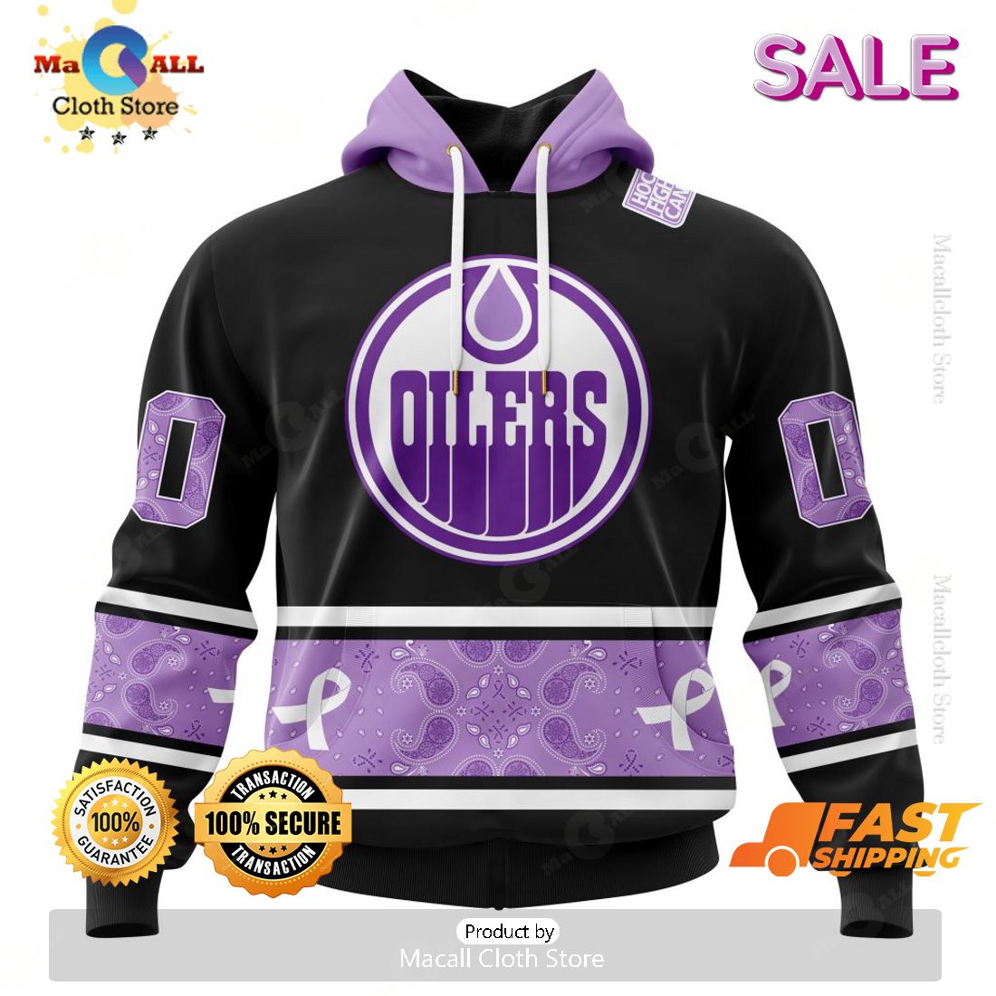 SALE Personalized NHL Edmonton Oilers Special Black And Lavender Hockey Fight Cancer Hoodie 3D