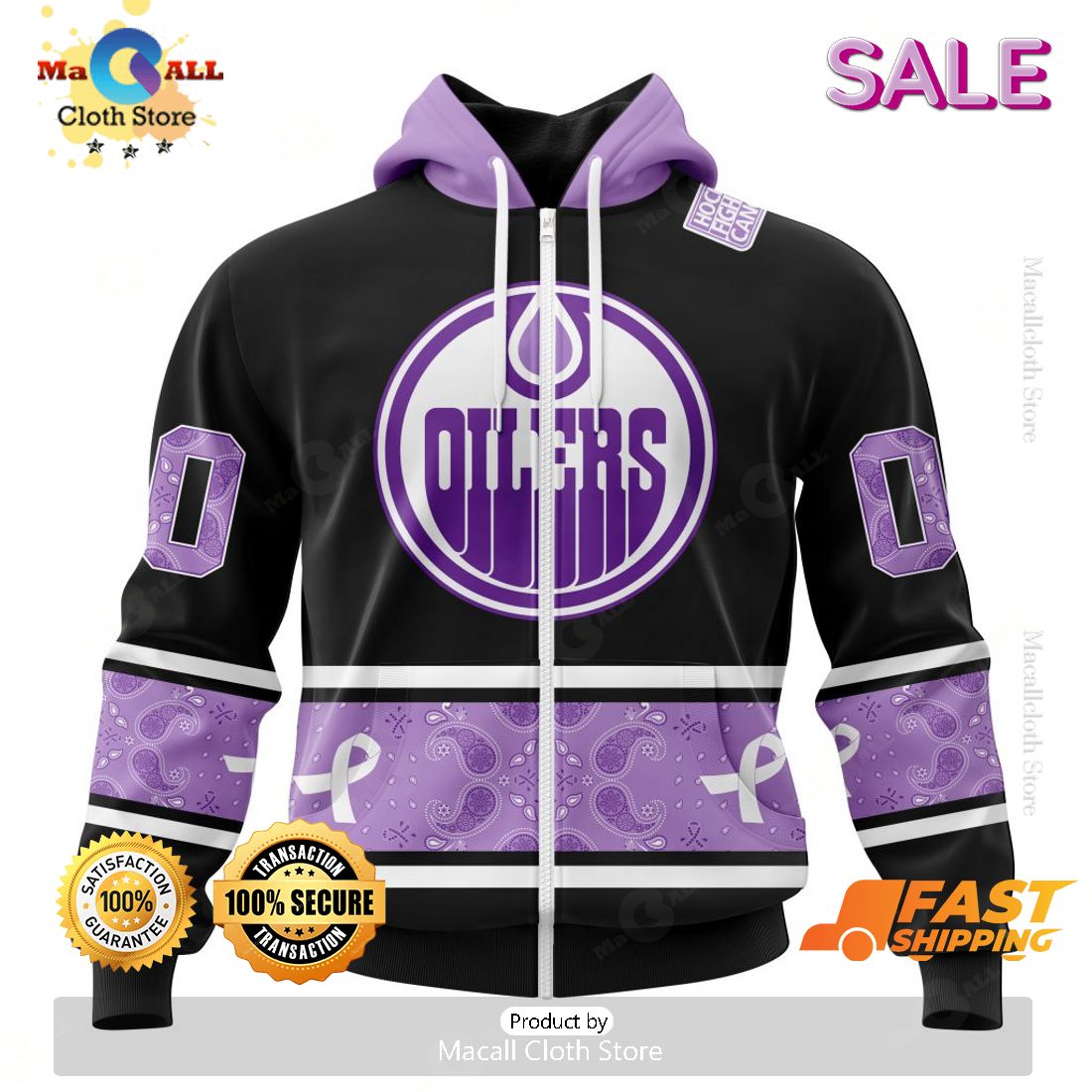 SALE Personalized NHL Edmonton Oilers Special Black And Lavender Hockey Fight Cancer Hoodie 3D