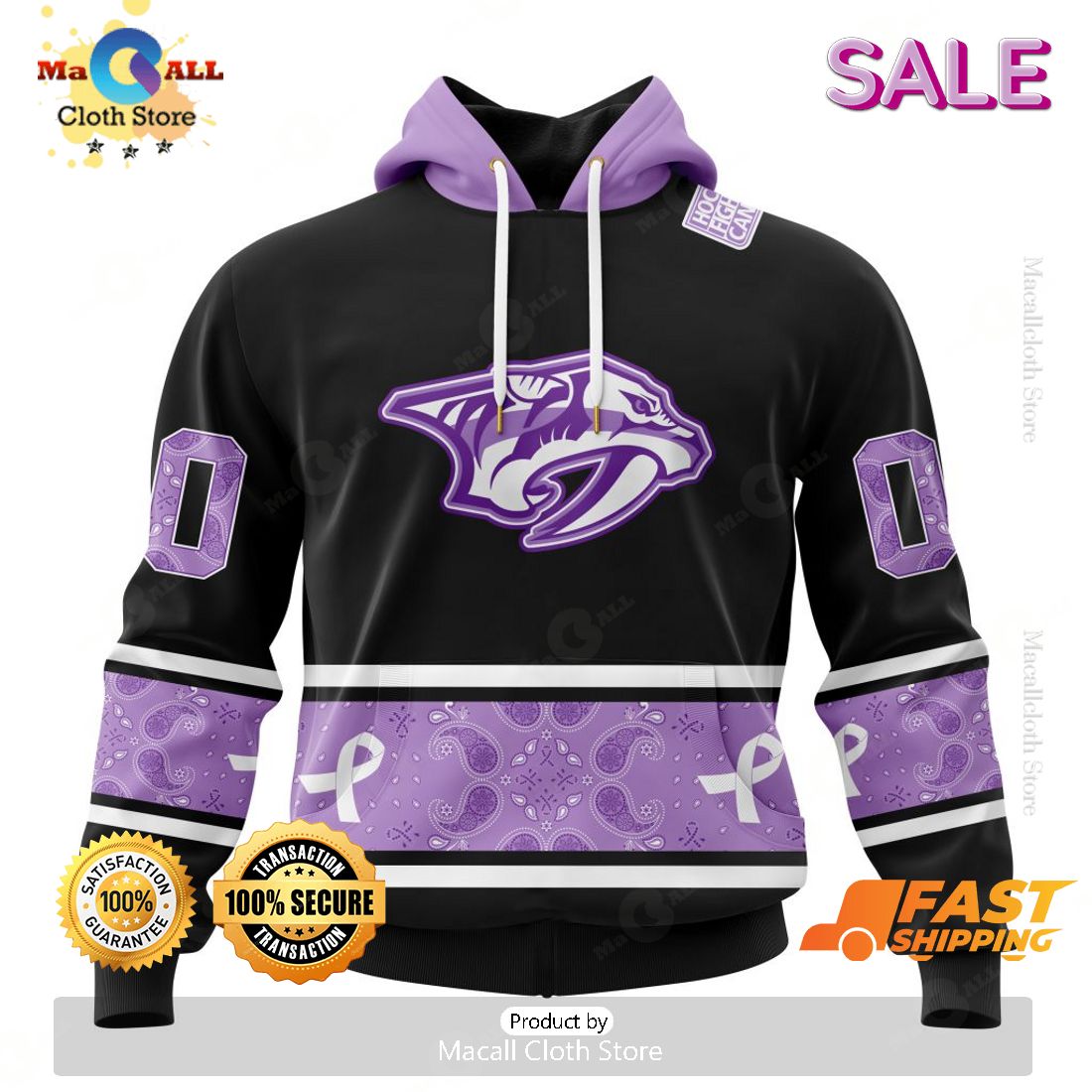 SALE Personalized NHL Nashville Predators Special Black And Lavender Hockey Fight Cancer Hoodie 3D SALE Personalized NHL Nashville Predators Special Black And Lavender Hockey Fight Cancer Hoodie 3D