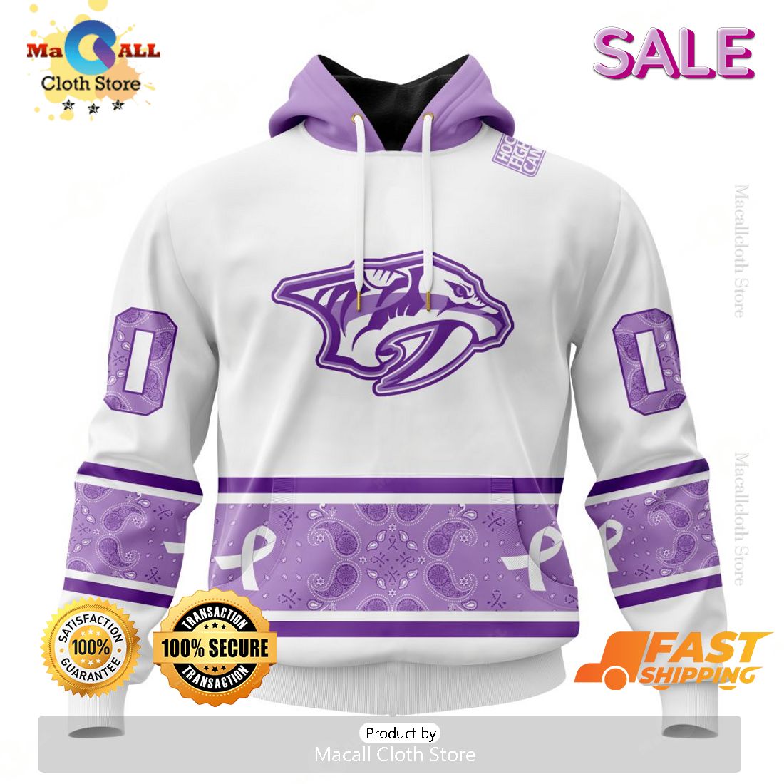 SALE Personalized NHL Nashville Predators Special Lavender Hockey Fight Cancer Hoodie 3D