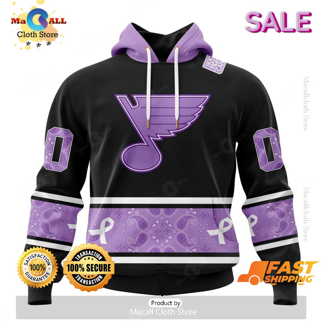 SALE Personalized NHL St. Louis Blues Special Black And Lavender Hockey Fight Cancer Hoodie 3D