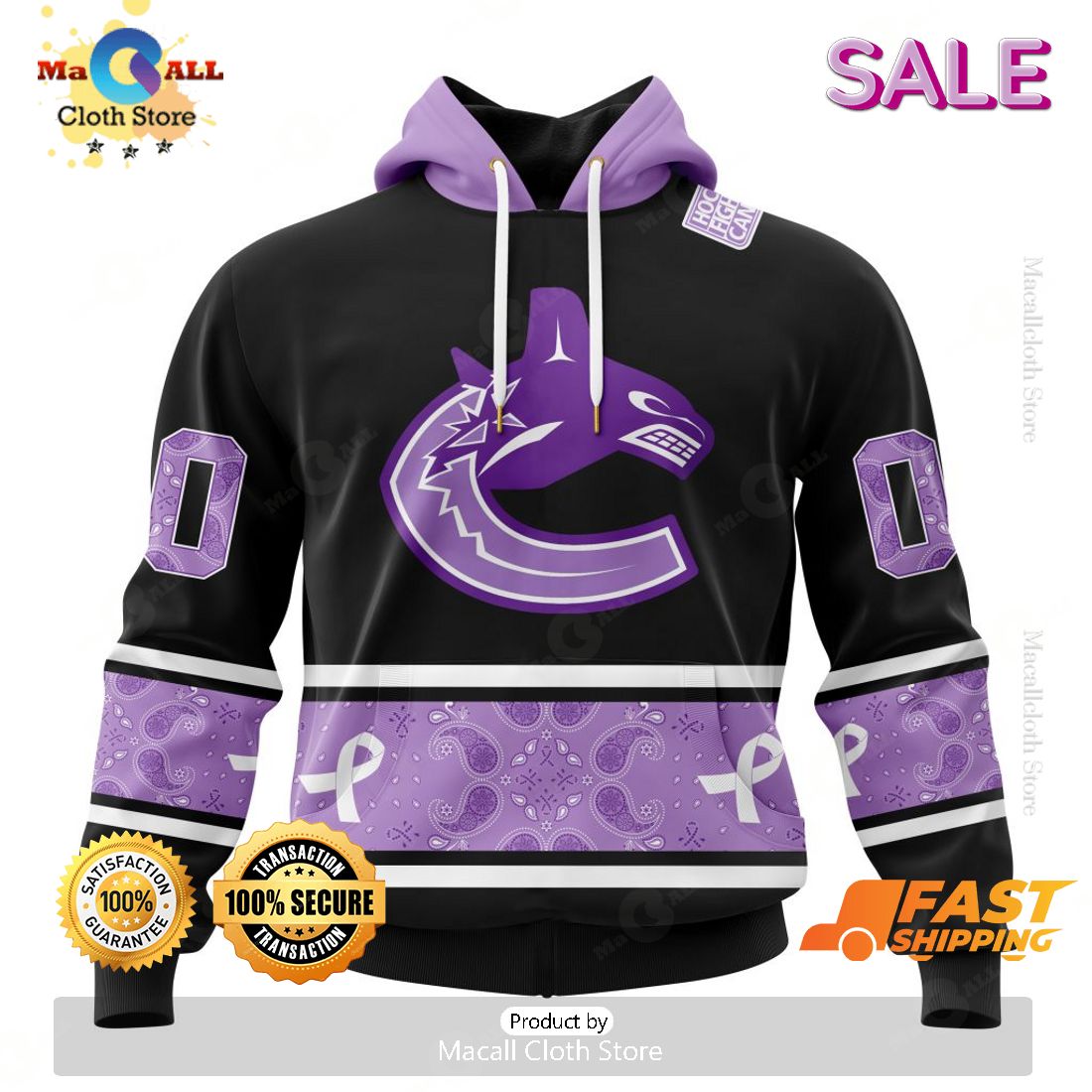 SALE Personalized NHL Vancouver Canucks Special Black And Lavender Hockey Fight Cancer Hoodie 3D