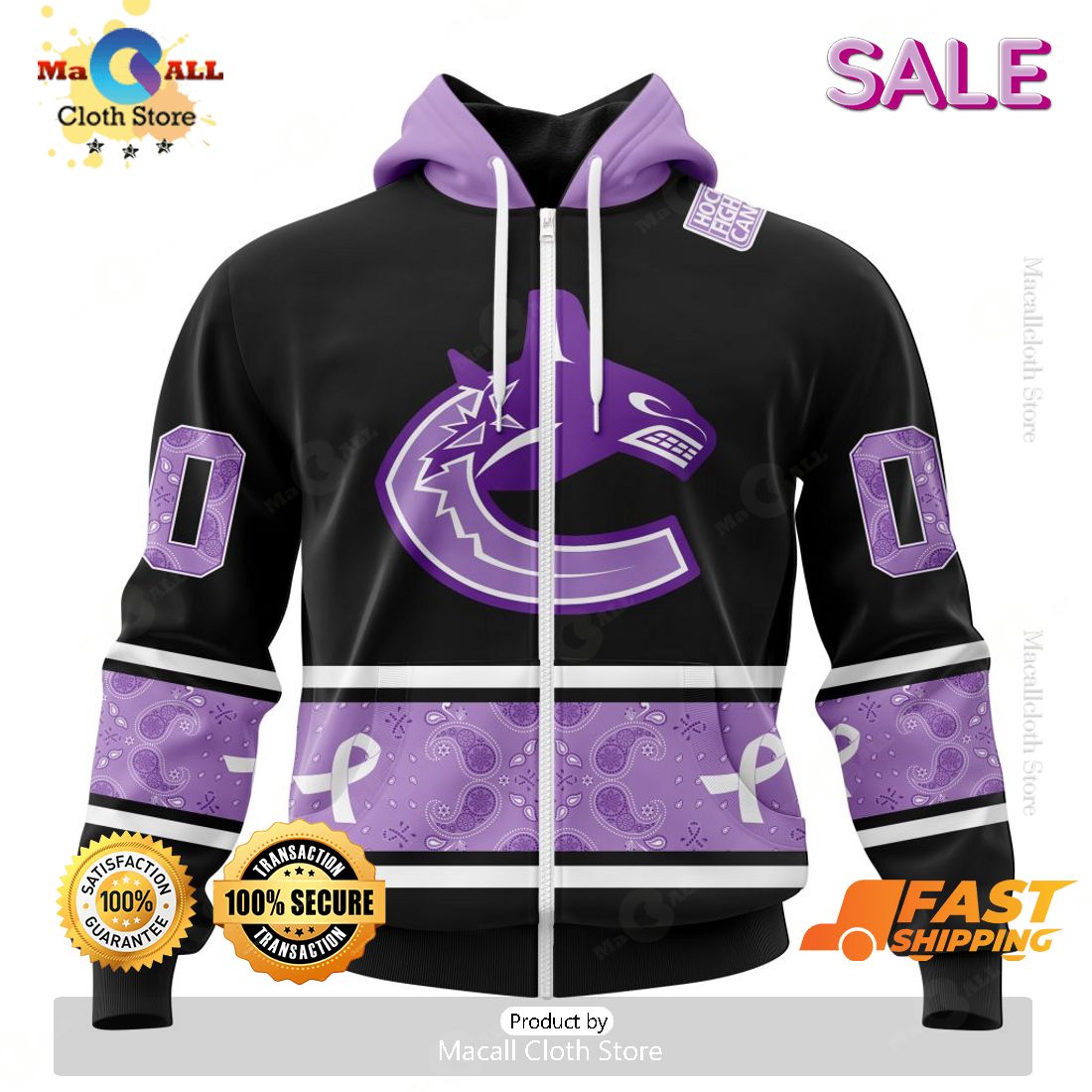 SALE Personalized NHL Vancouver Canucks Special Black And Lavender Hockey Fight Cancer Hoodie 3D