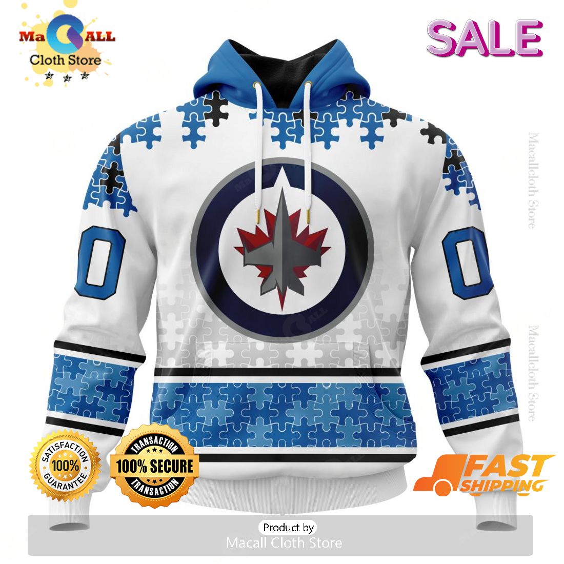 SALE Personalized NHL Winnipeg Jets Classic Autism Awareness Design Hoodie SALE Personalized NHL Winnipeg Jets Classic Autism Awareness Design Hoodie