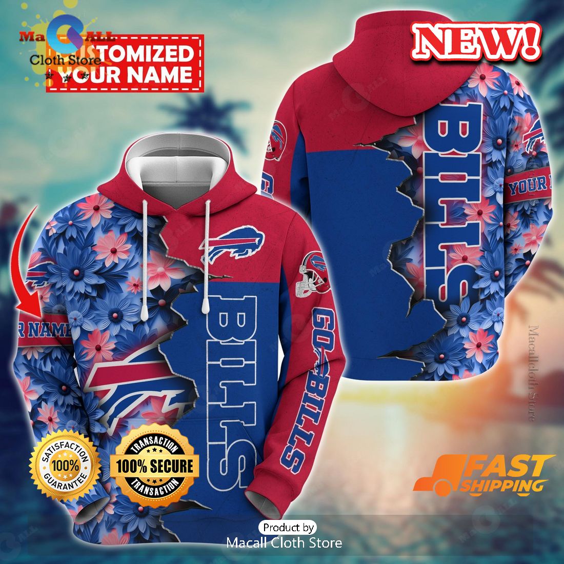 Buffalo Bills Flower Custom Name Premium Arrivals Hoode 3D Buffalo Bills Flower Custom Name Premium Arrivals Hoode 3D