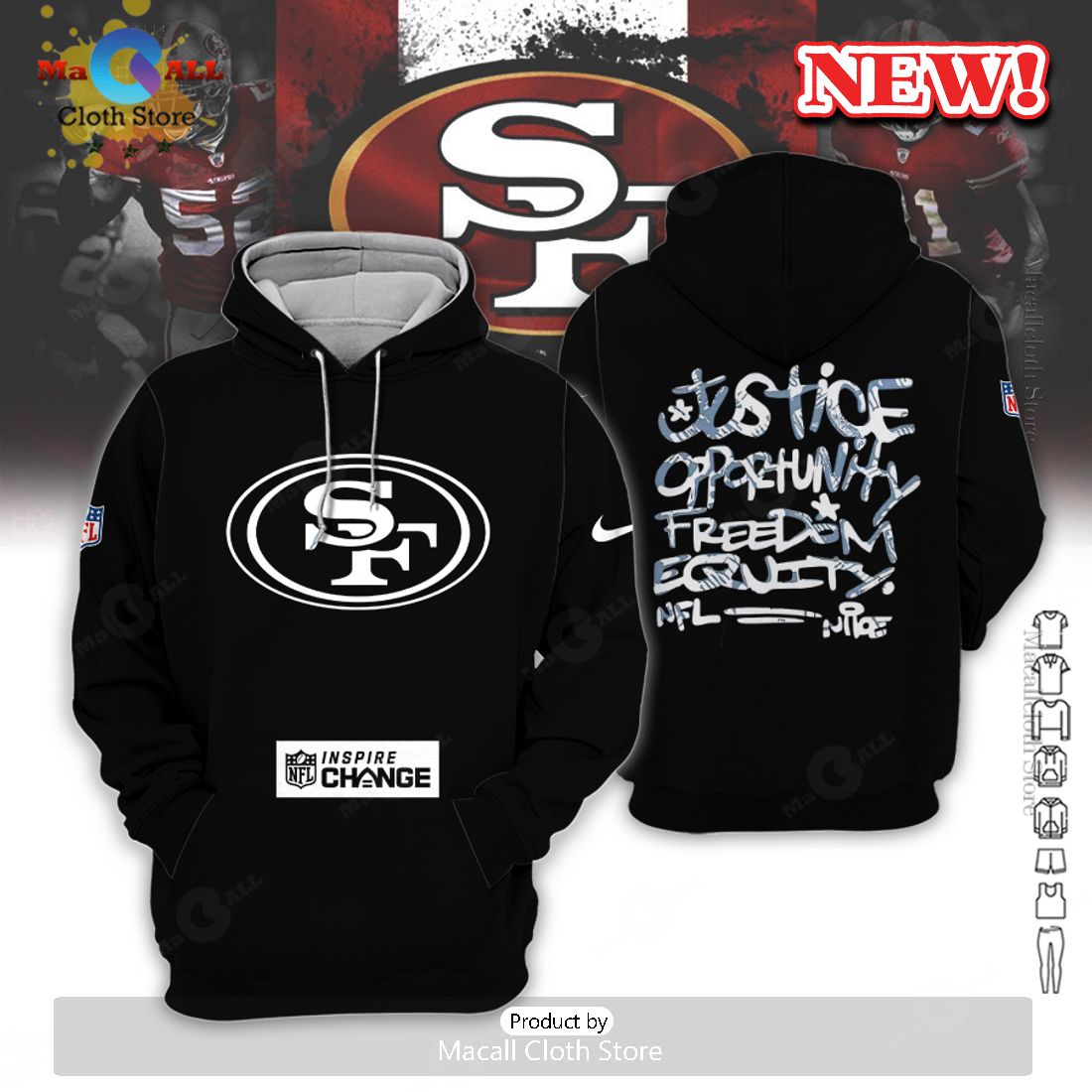 San Francisco 49ers Justice Opportunity Equity Freedom Hoodie 3D San Francisco 49ers Justice Opportunity Equity Freedom Hoodie 3D