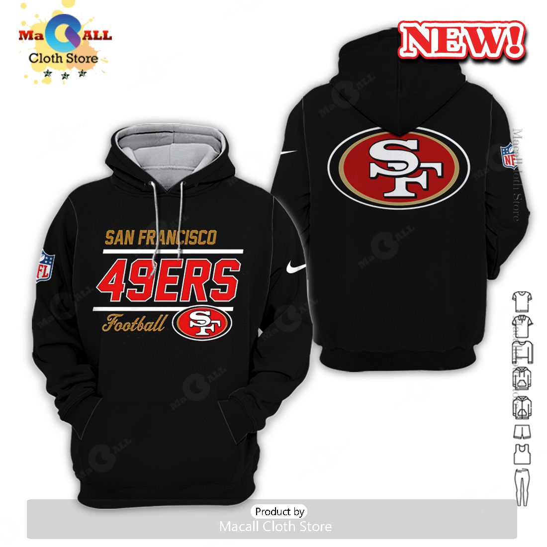 San Francisco 49ers Football All Over Printed Clothes Black Hoodie 3D San Francisco 49ers Football All Over Printed Clothes Black Hoodie 3D