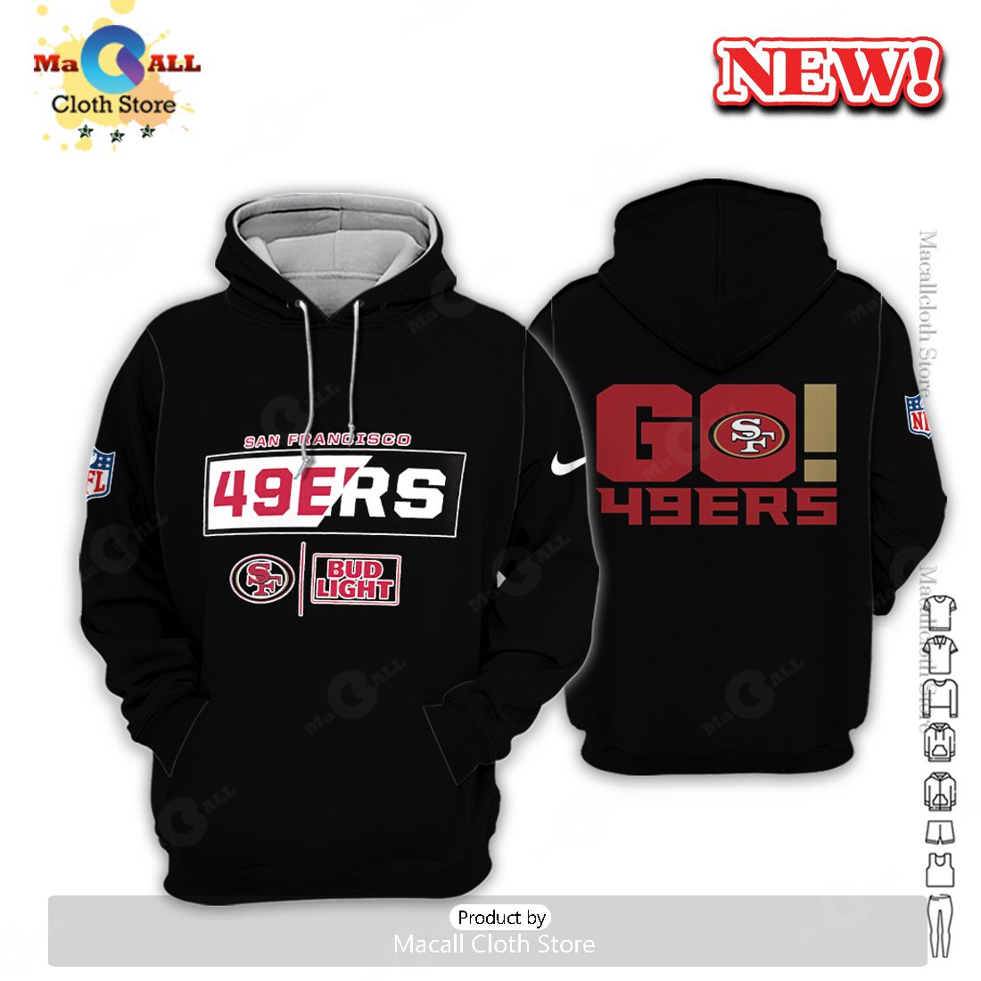 San Francisco 49ers Go Bud Light Black Foortball Hoodie 3D