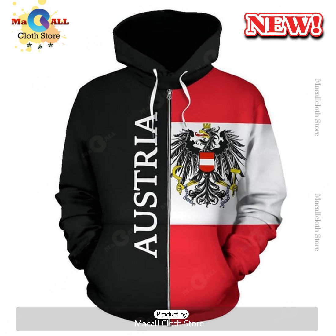 Austria Hoodie Coat Of Arms Flag Half Style Zip Up Hoodie 3D Austria Hoodie Coat Of Arms Flag Half Style Zip Up Hoodie 3D