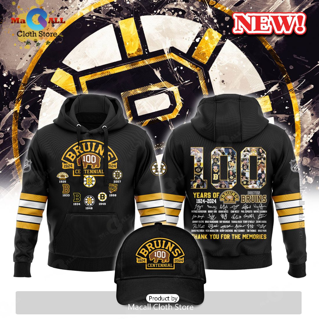 HOT 100 Years Of Boston Bruins 1924 2024 Memories Signatures Black   Hot 100 Years Of Boston Bruins 1924 2024 Memories Signatures Black Hoodie 3d 1 L9dB9 