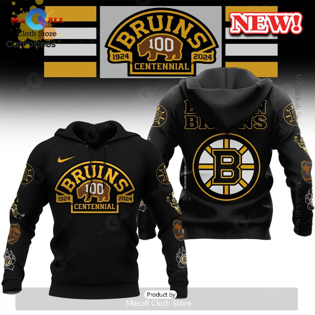 HOT Boston Bruins 100 Centennial Mascot NHL 1924 2024 Black Hoodie 3D HOT Boston Bruins 100 Centennial Mascot NHL 1924 2024 Black Hoodie 3D