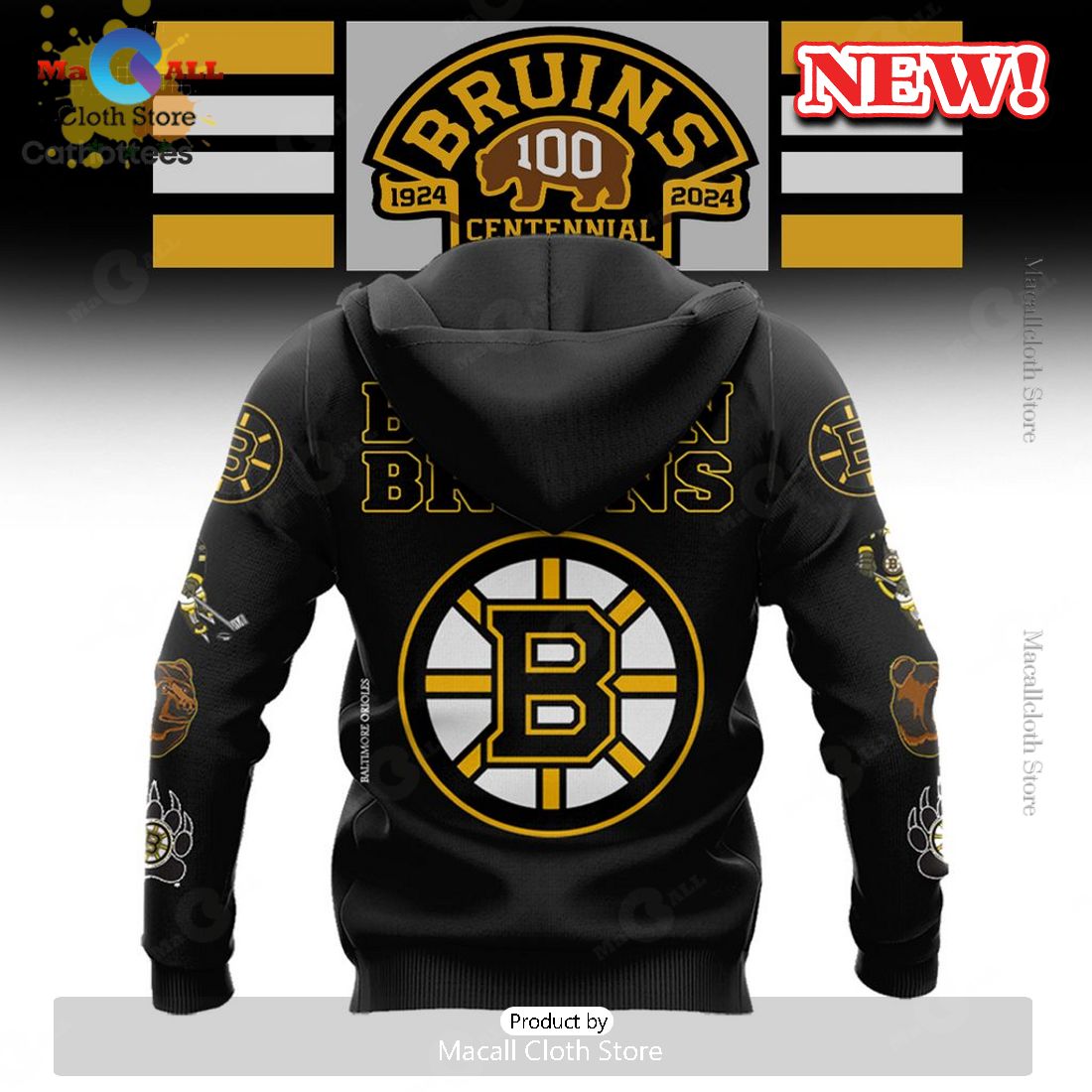 HOT Boston Bruins 100 Centennial Mascot NHL 1924 2024 Black Hoodie 3D HOT Boston Bruins 100 Centennial Mascot NHL 1924 2024 Black Hoodie 3D