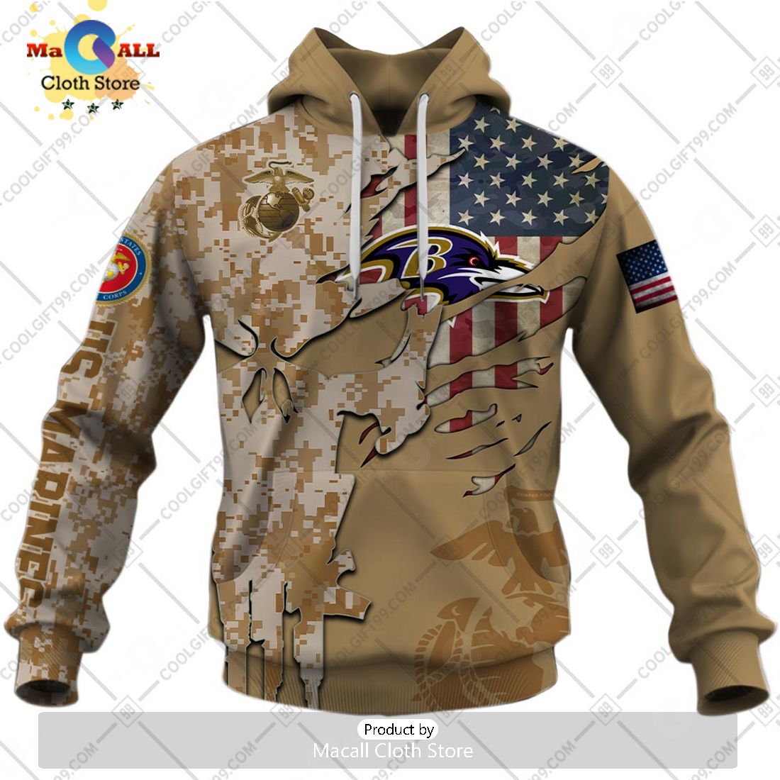 Personalized NFL Baltimore Ravens Marine Camo Special Hoodie 3D