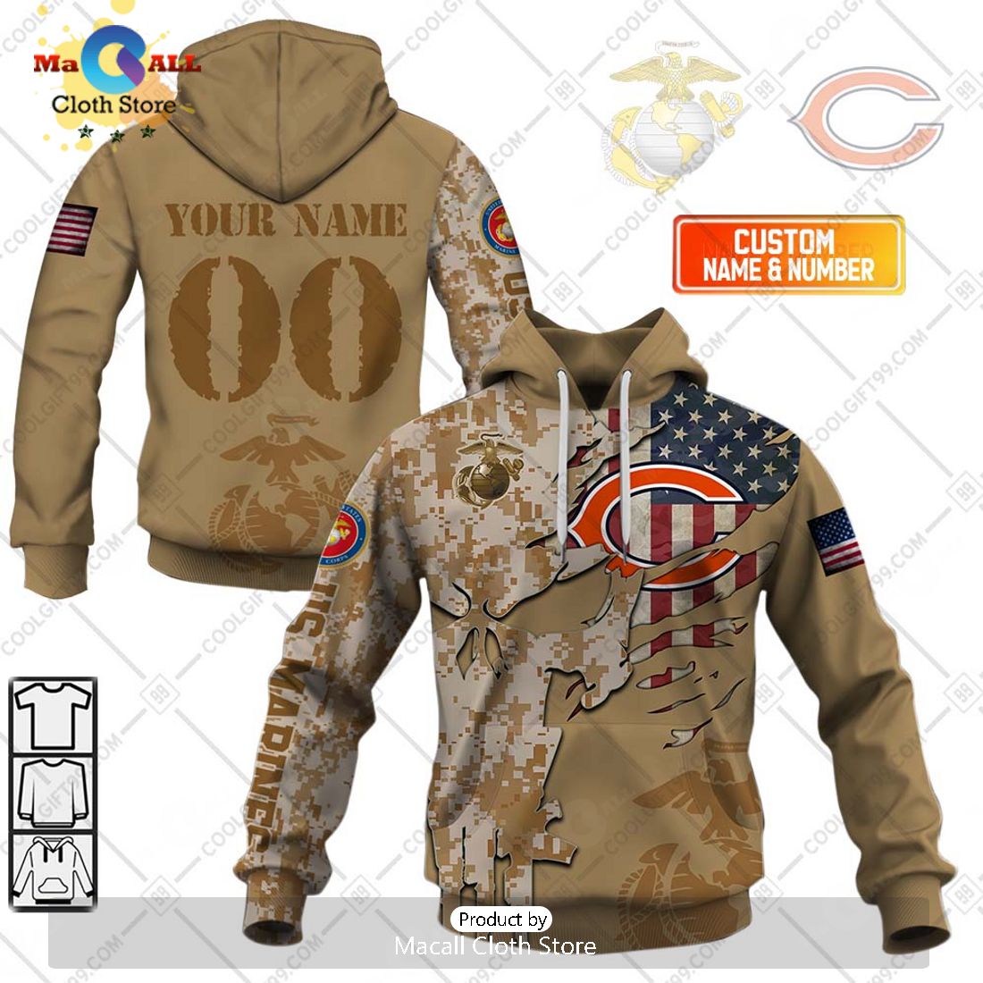 Personalized NFL Chicago Bears Marine Camo Special Hoodie 3D