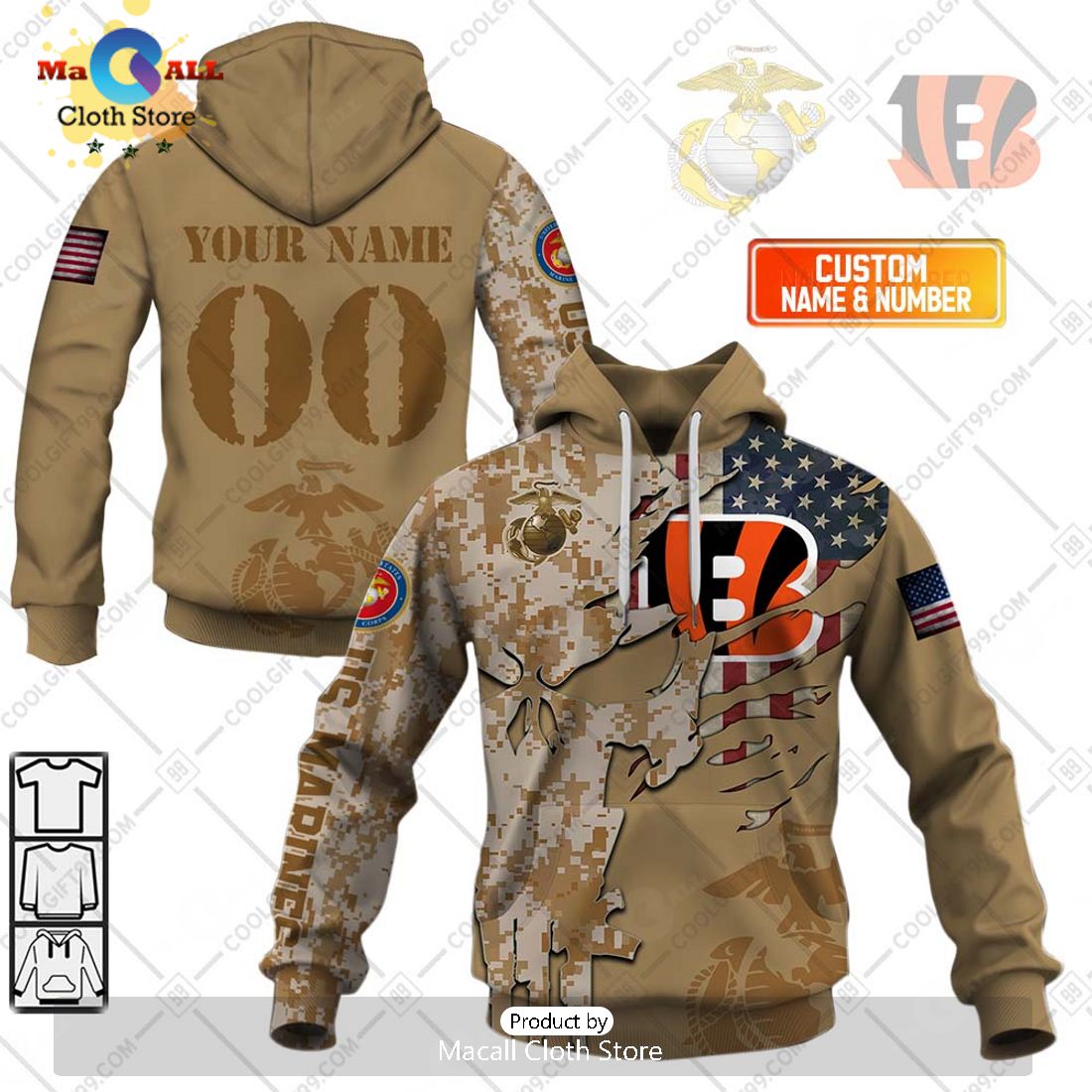 Personalized NFL Cincinnati Bengals Marine Camo Special Hoodie 3D