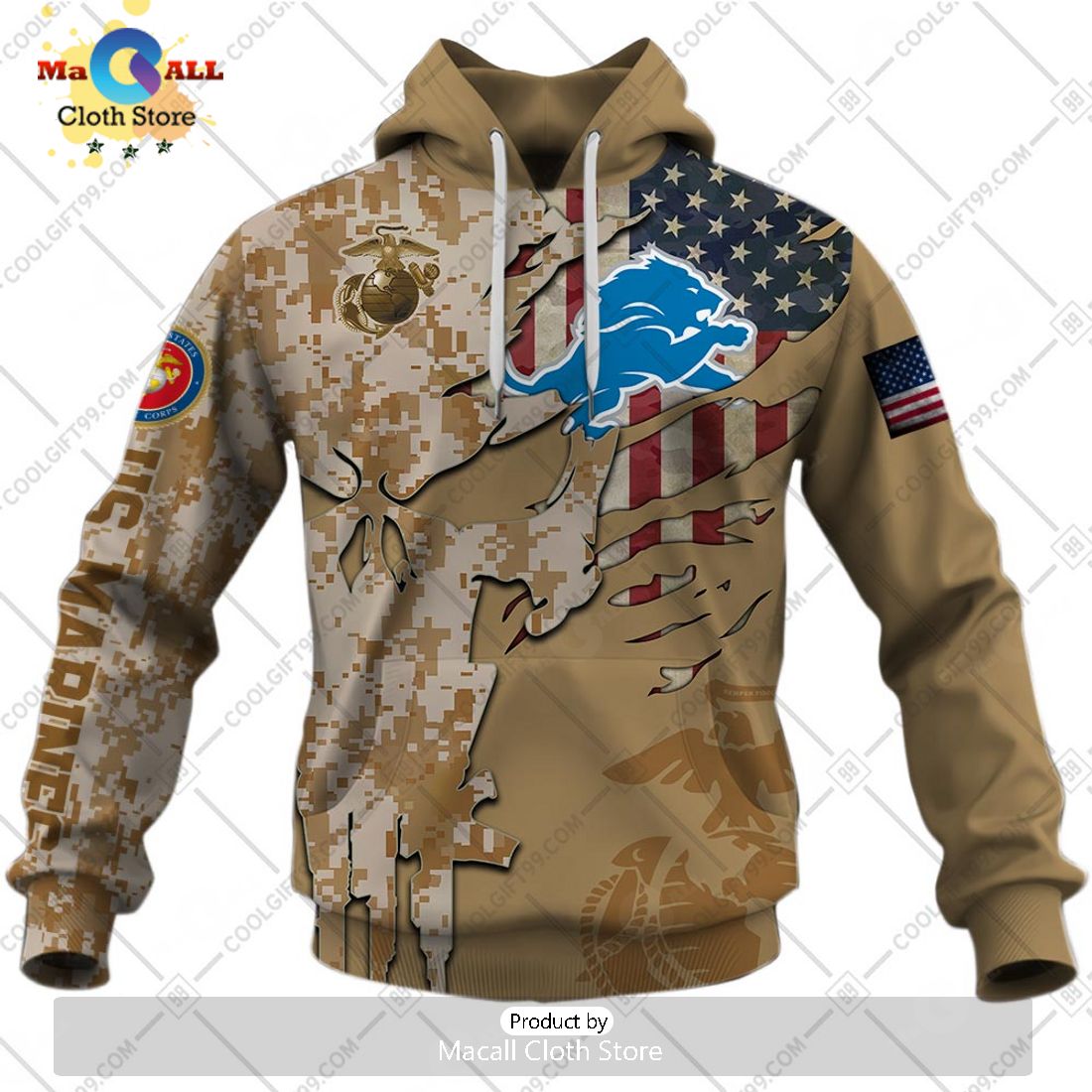 Personalized NFL Detroit Lions Marine Camo Special Hoodie 3D
