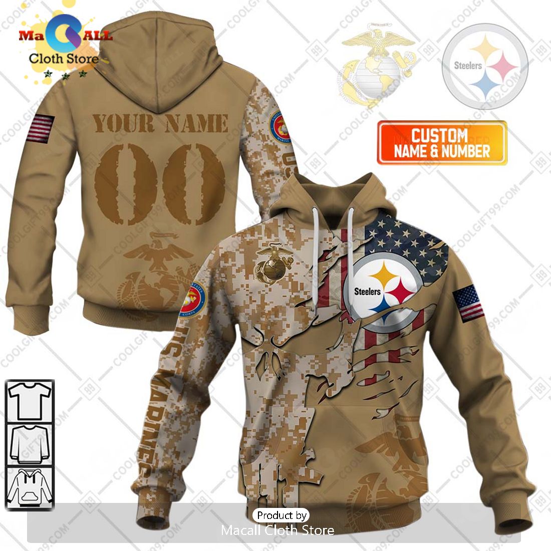 Personalized NFL Pittsburgh Steelers Marine Camo Special Hoodie 3D