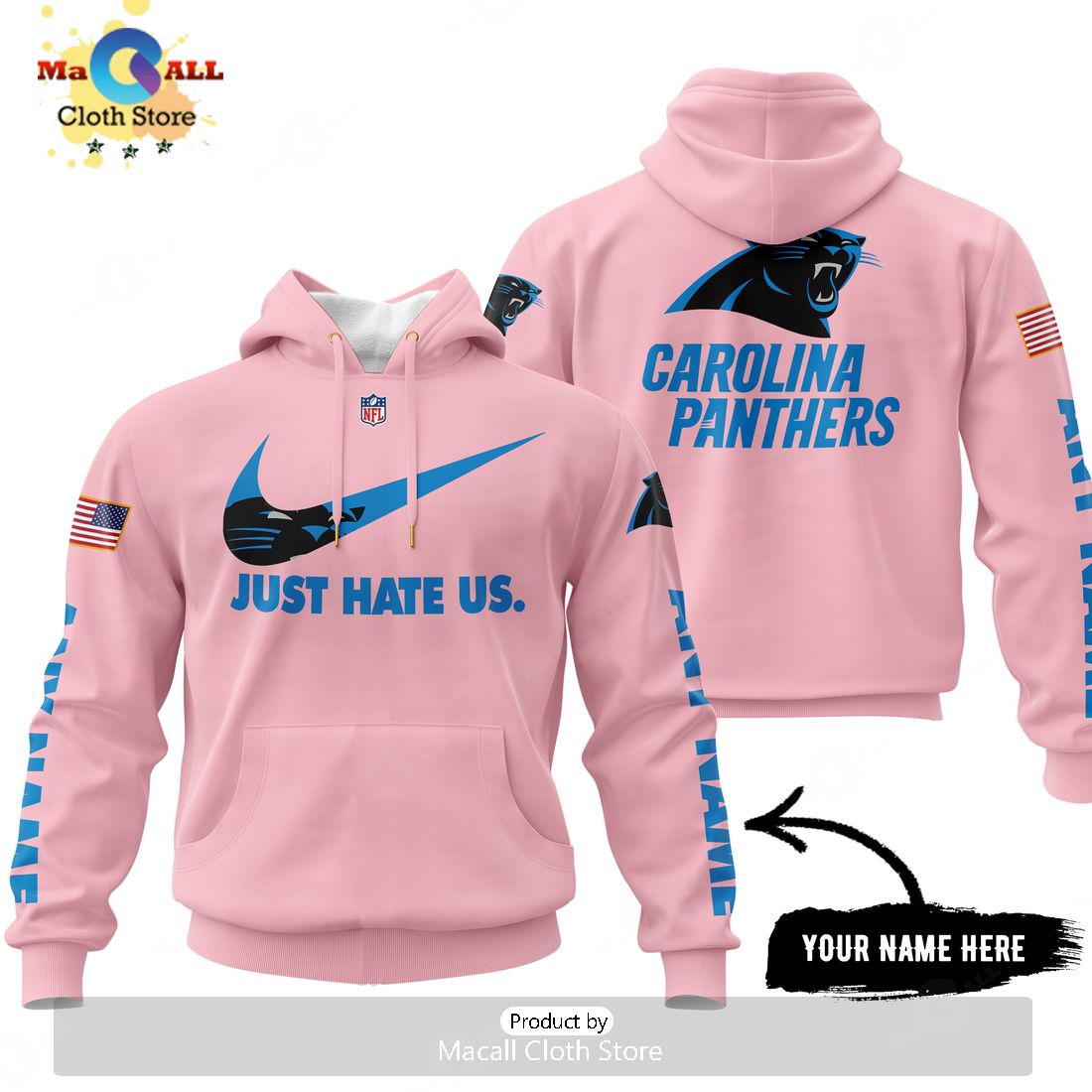 Just Hate Us – Super Bowl Pink Custom Name Carolina Panthers Hoodie 3D