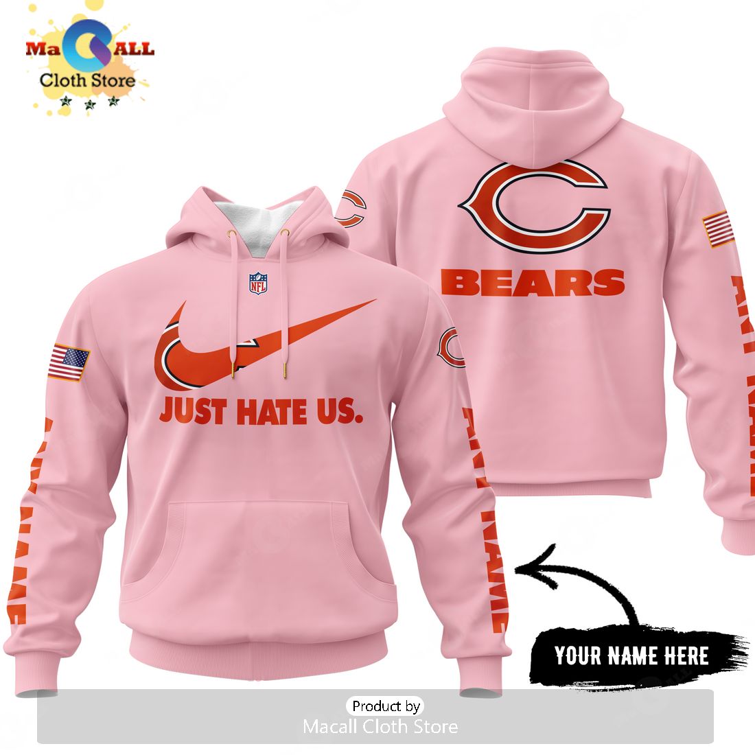 Just Hate Us – Super Bowl Pink Custom Name Chicago Bears Hoodie 3D