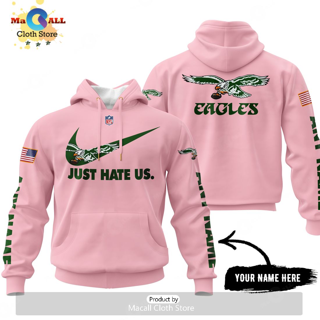 Just Hate Us – Super Bowl Pink Custom Name Philadelphia Eagles 1987 Hoodie 3D