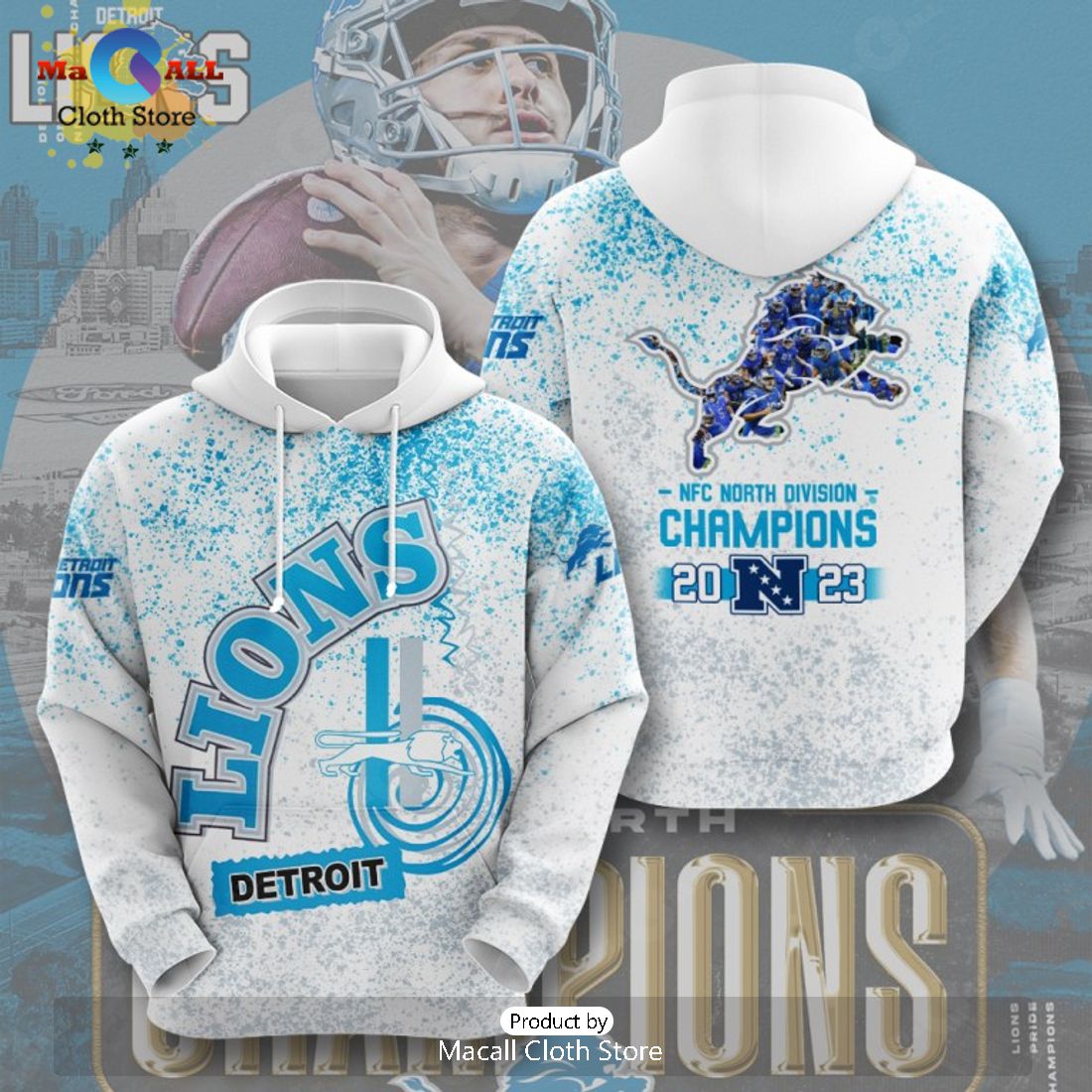 Detroit Lions NFC North Division 2023 Champions White Apparels Hoodie 3D Detroit Lions NFC North Division 2023 Champions White Apparels Hoodie 3D