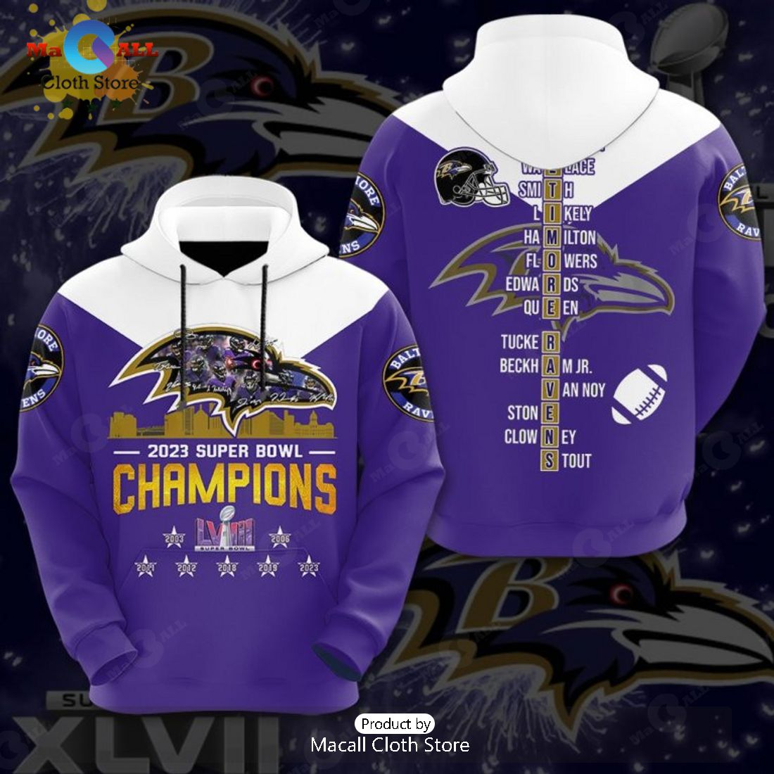 2023 Super Bowl Champions Baltimore Ravens Signatures Apparels Hoodie 3D