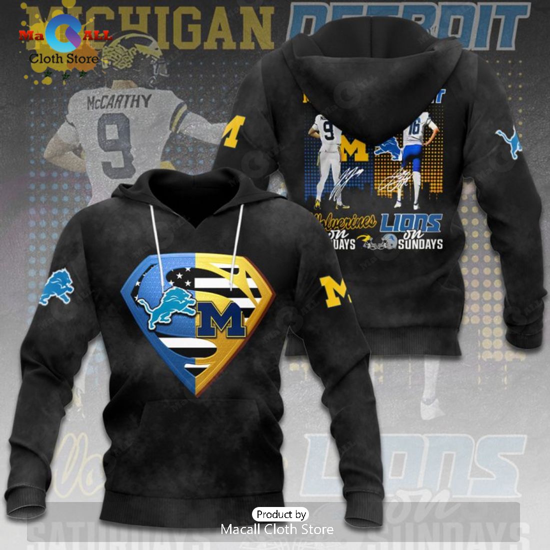 Michigan Wolverines Football x Detroit Lions Black Apparels Hoodie 3D Limited