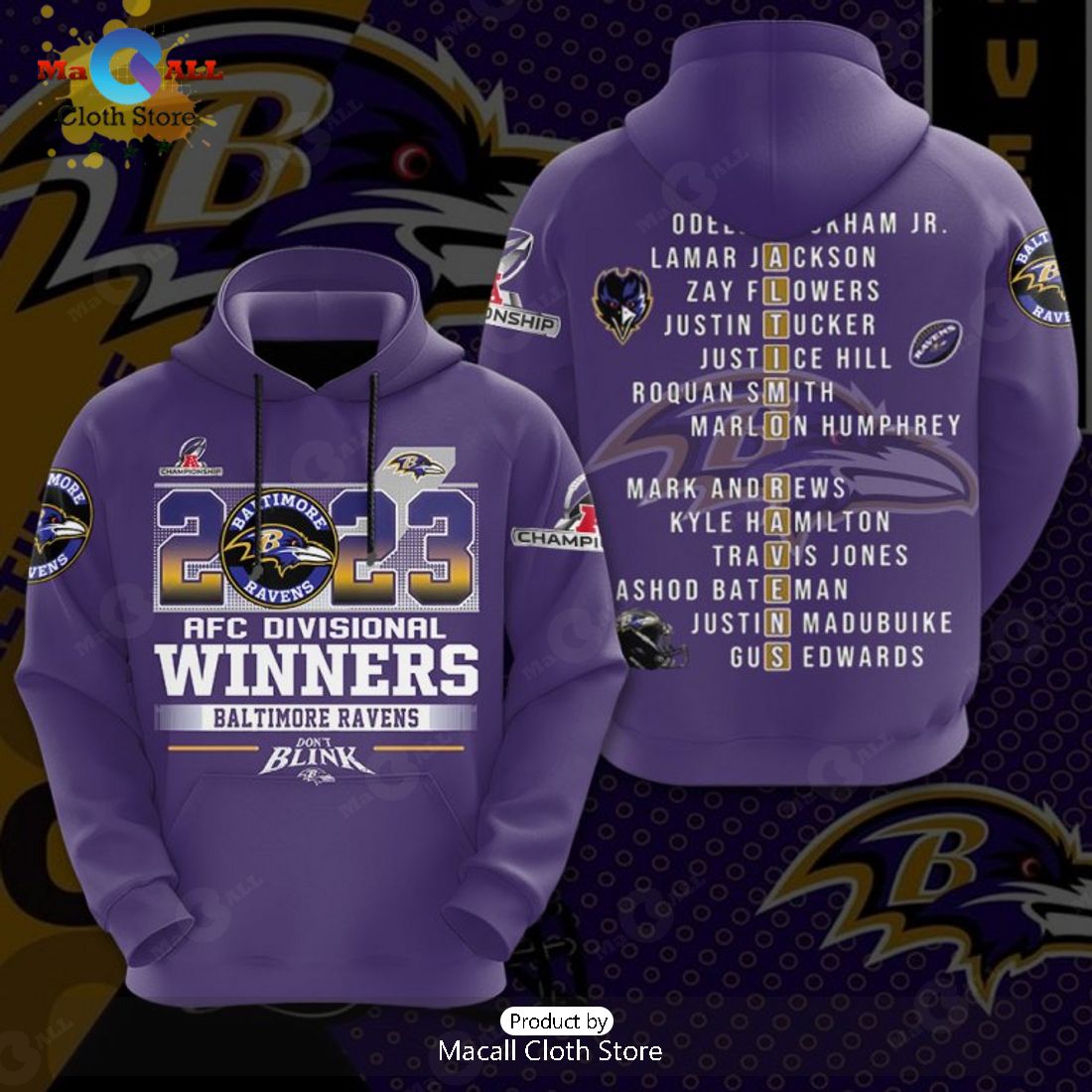 2023 AFC Divisionbal Winners Baltimore Ravens Navy Apparels Hoodie 3D
