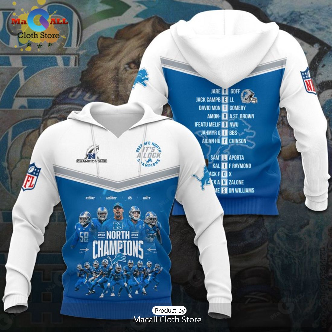 Special Detroit Lions 2023 North Champions Blue Apparels Hoodie 3D