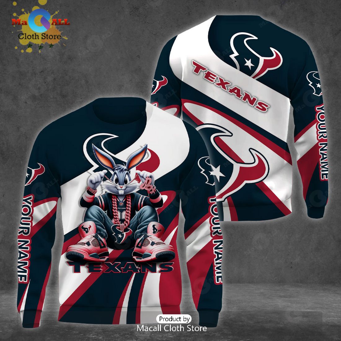 Custom Name Houston Texans Bugs Bunny Sport Clothing 3D Hoodie And Pants