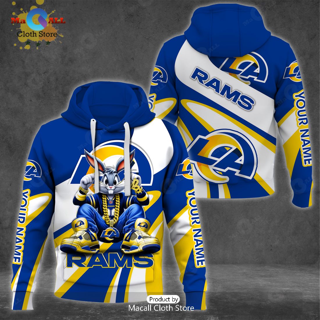 Custom Name Los Angeles Rams Bugs Bunny Sport Clothing 3D Hoodie And Pants