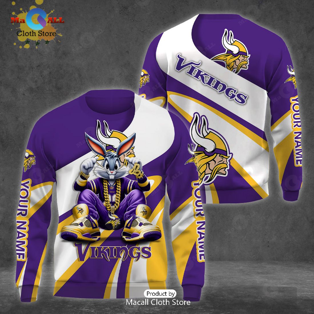 Custom Name Minnesota Vikings Bugs Bunny Sport Clothing 3D Hoodie And Pants