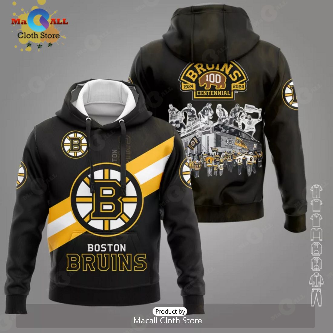 Boston Bruins 100th Years Anniversary Team Logo Hockey Apparels Black Hoodie 3D