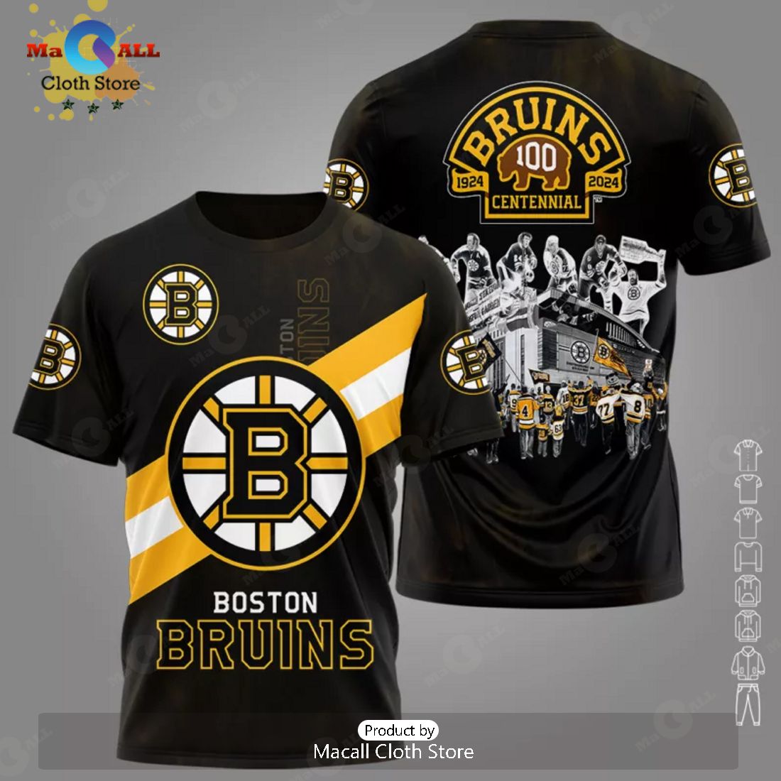 Boston Bruins 100th Years Anniversary Team Logo Hockey Apparels Black Hoodie 3D