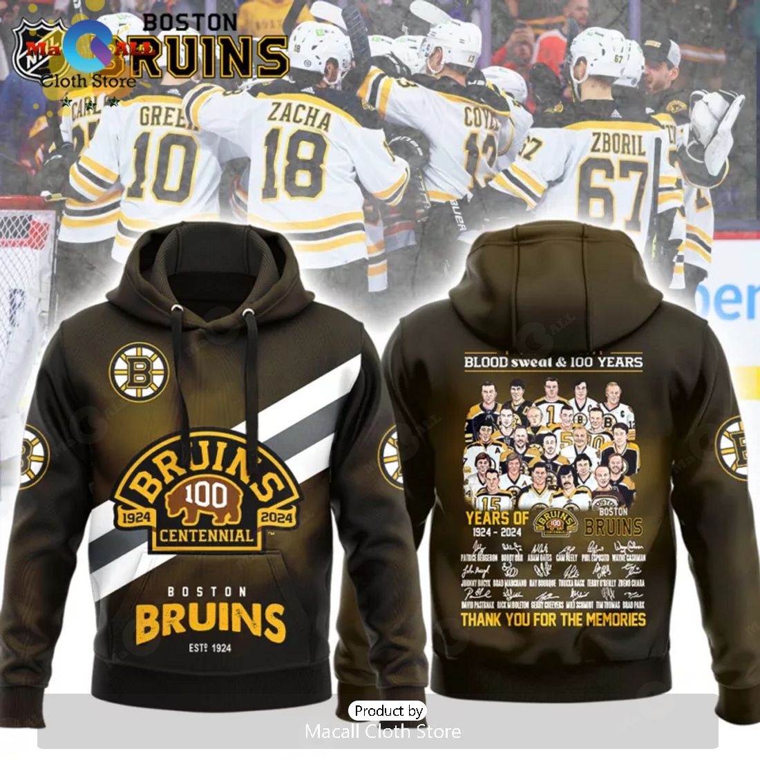 Boston Bruins Blood Sweat All Centennial Team 100 Years Signatures Black Hoodie 3D
