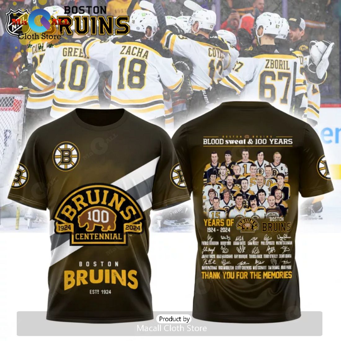 Boston Bruins Blood Sweat All Centennial Team 100 Years Signatures Black Hoodie 3D