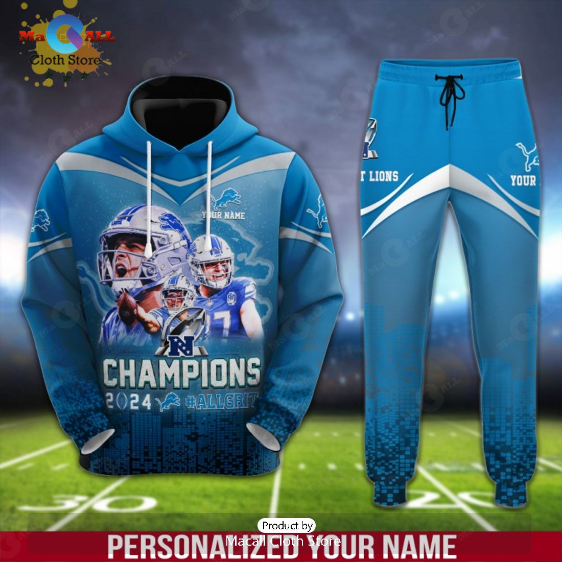 Custom Name Detroit Lions AFC Champions 2024 Gifts Hoodie And Pants